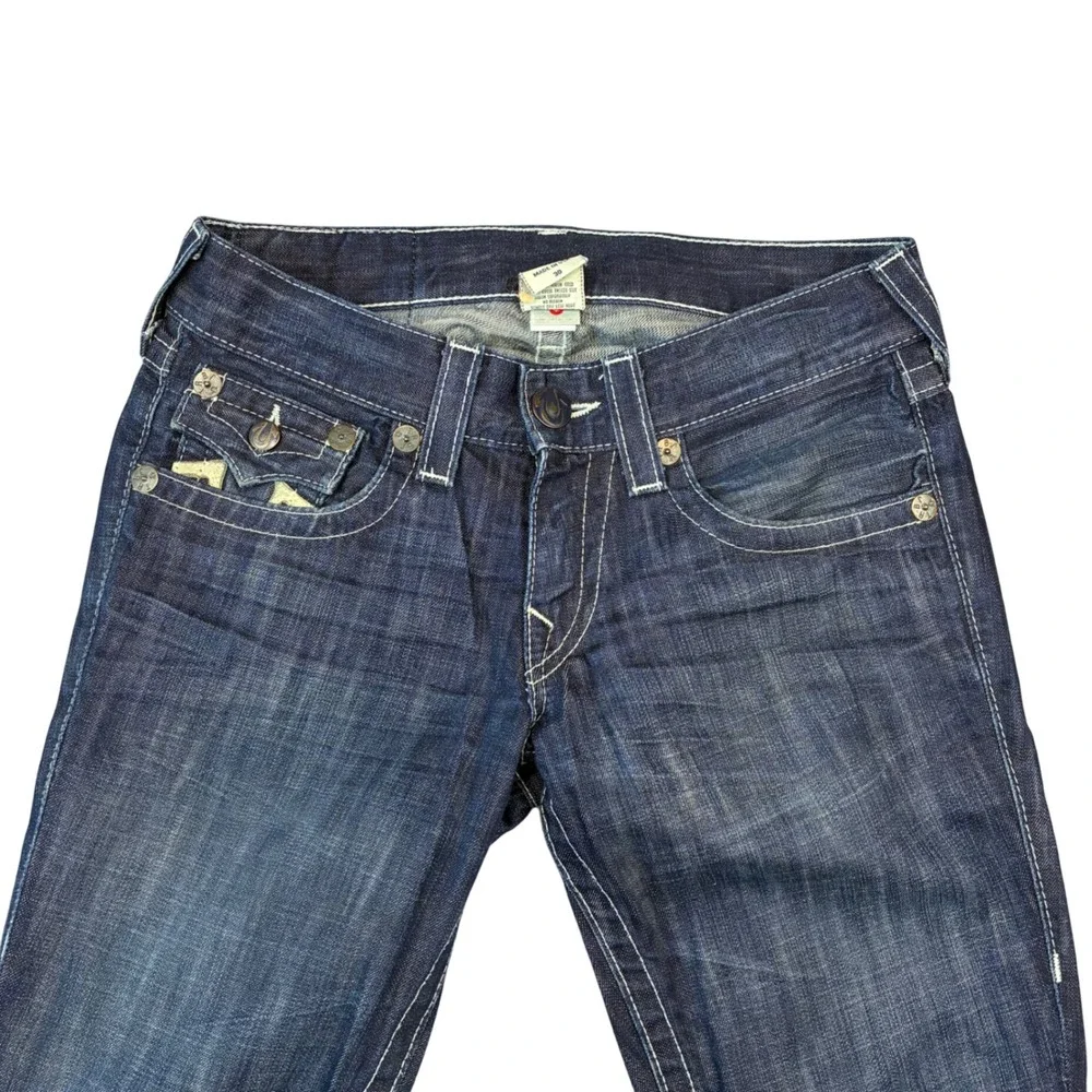 True Religion Joey Jeans Mens 32x30 Dark Wash Flare Twisted Seam Horseshoe Logo